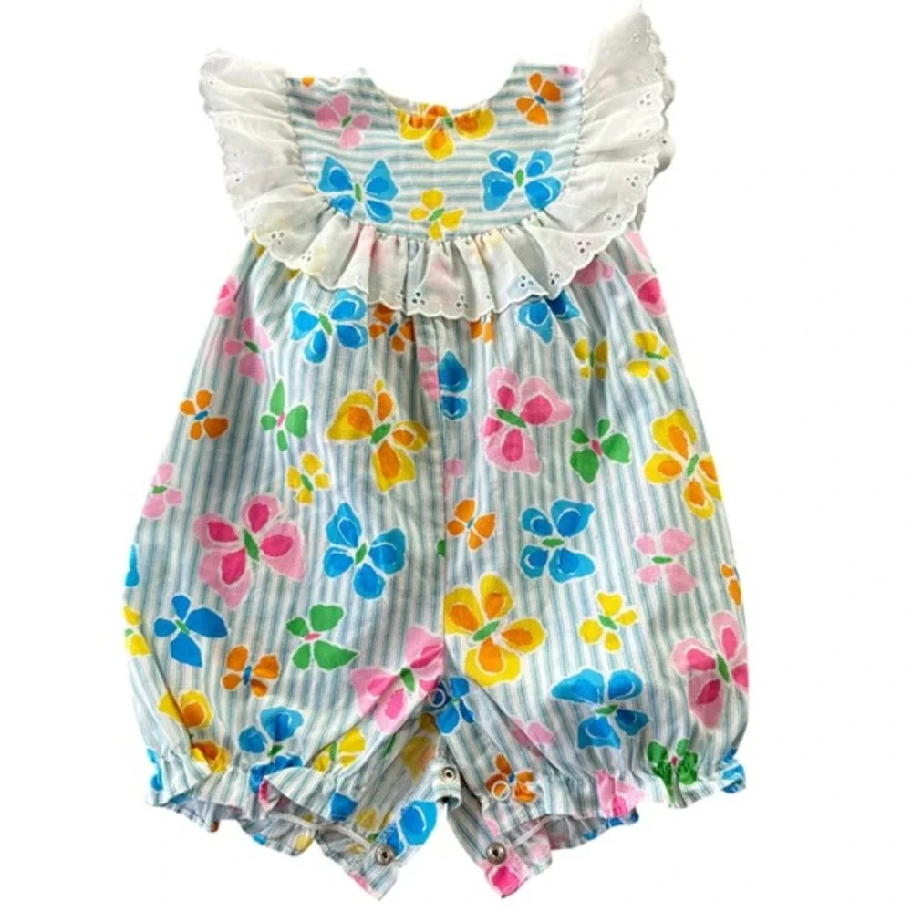Vintage Baby Girl Ruffle Butterfly Romper Blue‎ Striped Eyelet Lace 12M Kidcore